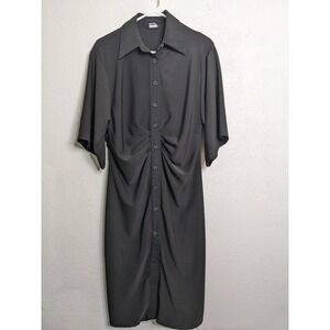 Silk & Salt Ariadne Black Full Button Up Ruched Dress Size XL‎ Minimal Office